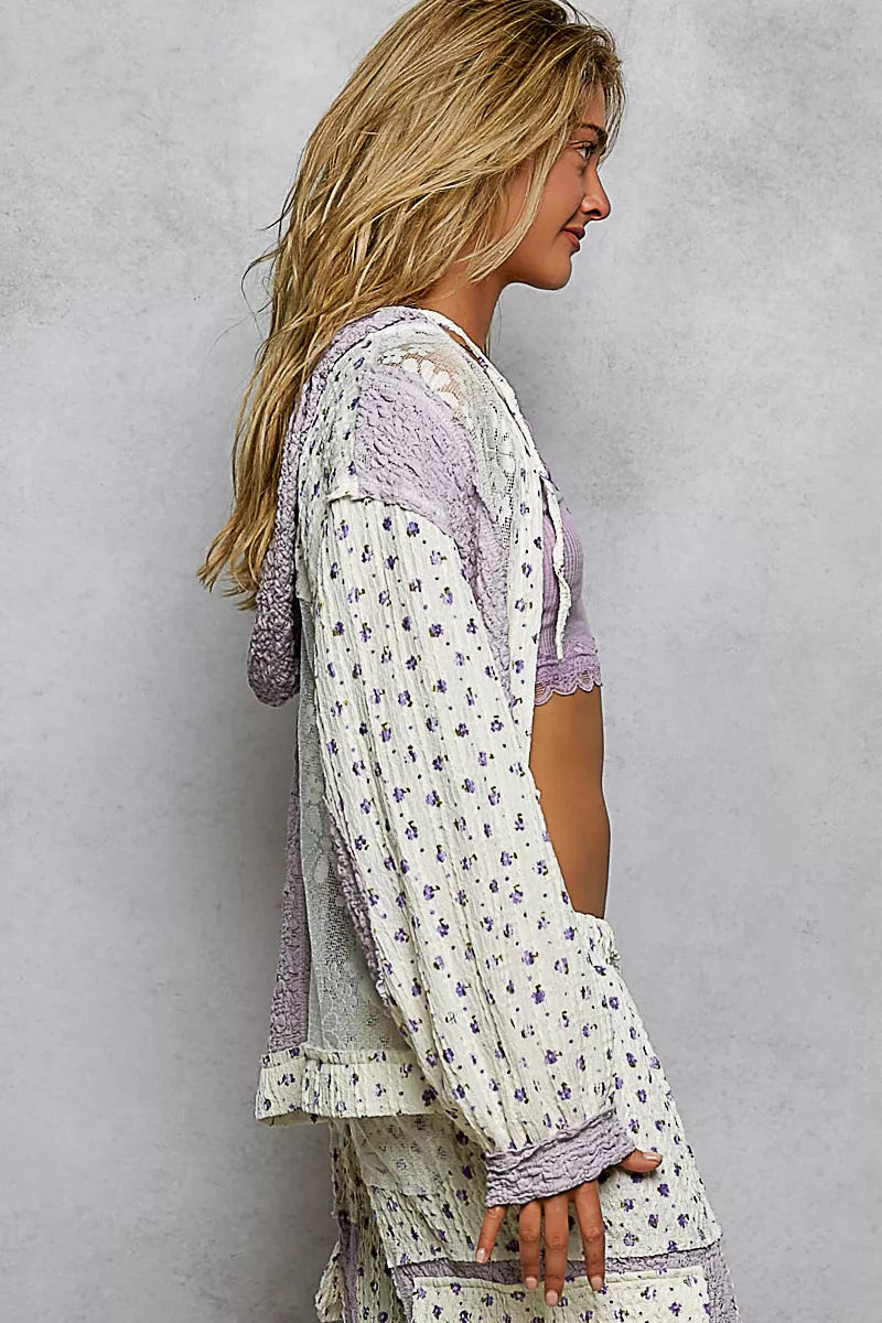POL Lavender Floral Balloon Sleeve Hooded Lace Jacket with Stitch Detail