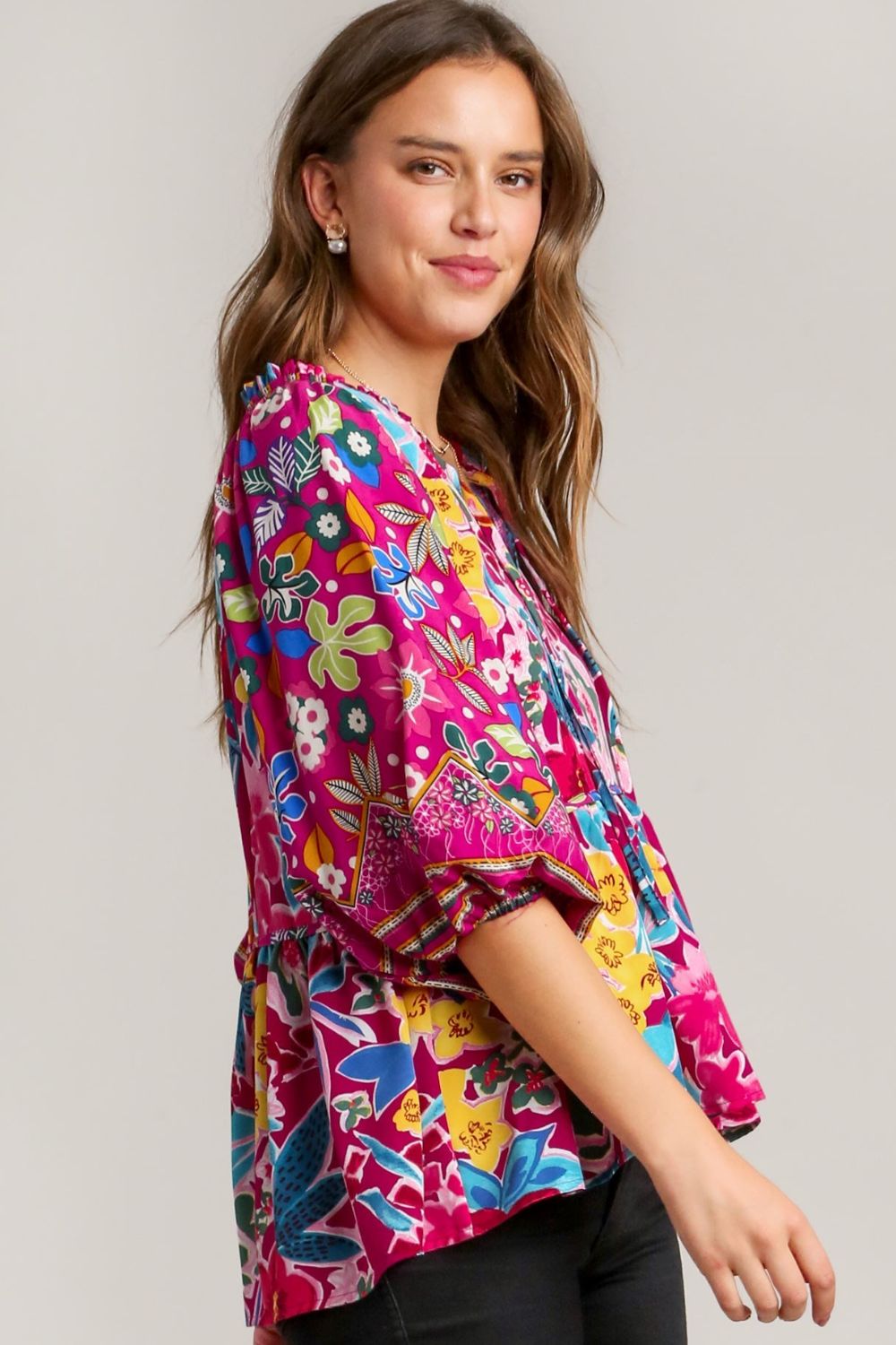 Umgee Mulberry Mix Floral Print Tie Neck Peplum Blouse