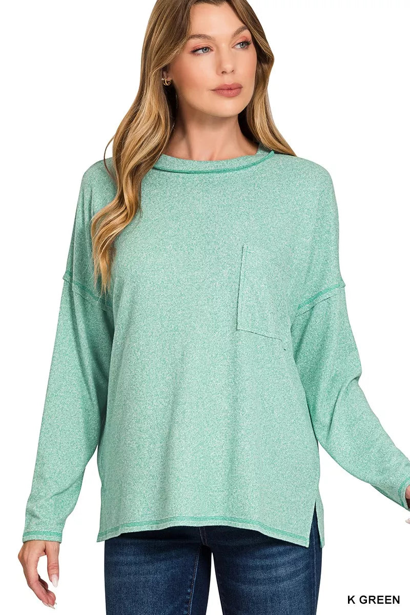 Zenana Kelly Green Soft Melange Hacci Round-Neck Long Sleeve T-Shirt