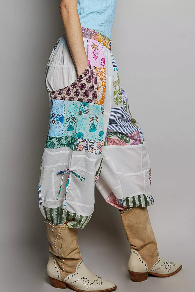 POL Ivory Multi Printed Bohemian Patchwork Wide Leg Pants with Adjustable Side Drawstring