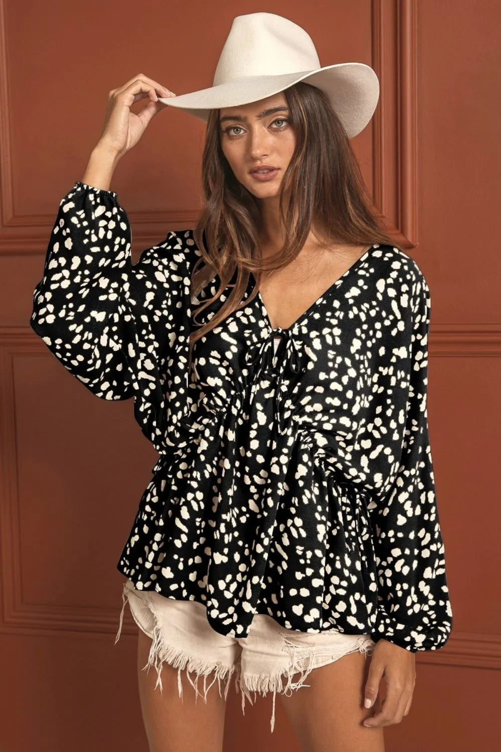 BiBi Leopard Woven Tied Spaghetti V Neck Long Sleeve Top BLACK