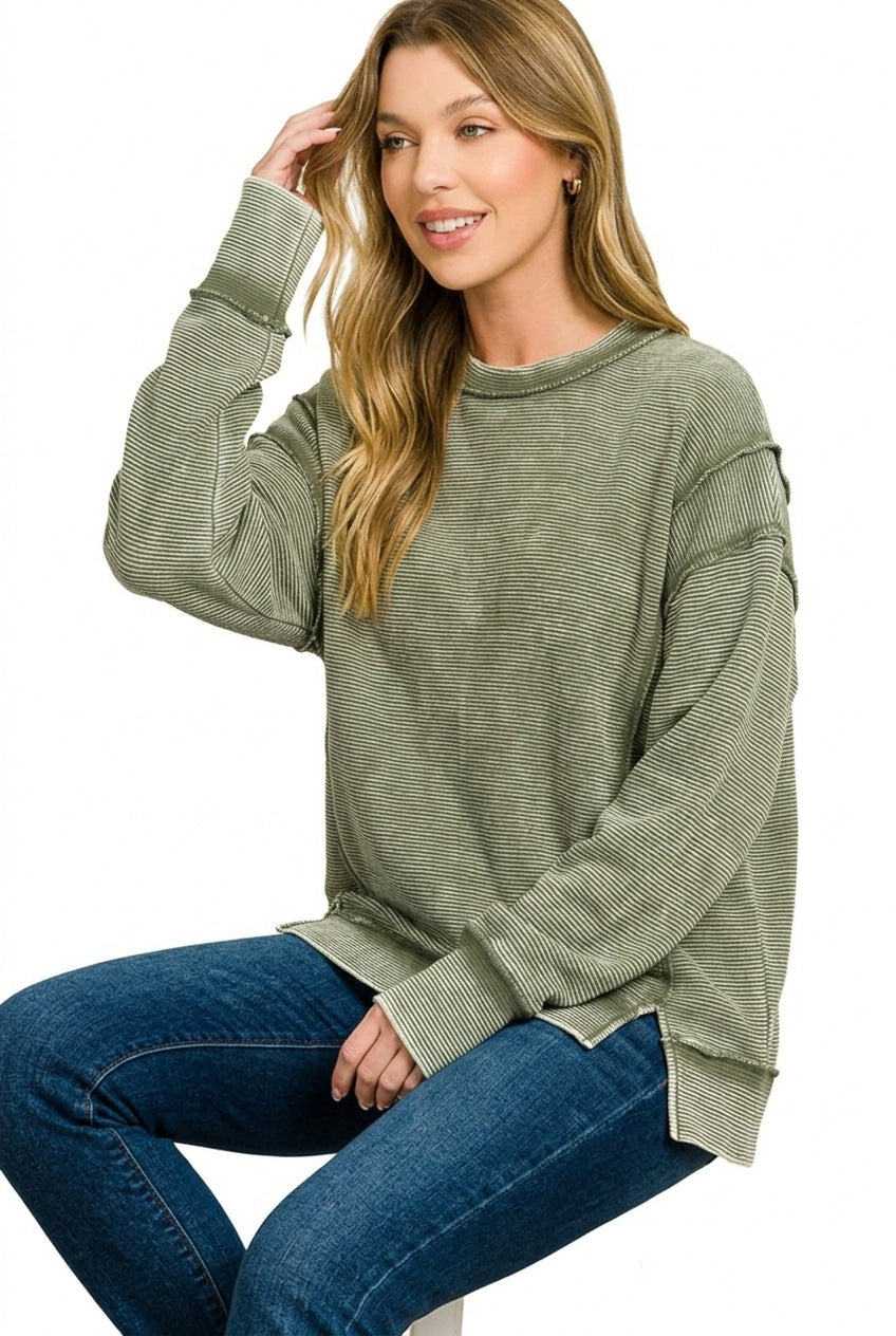 Zenana Dark Green Acid Washed Double Ribbed Exposed-Seam Sweatshirt