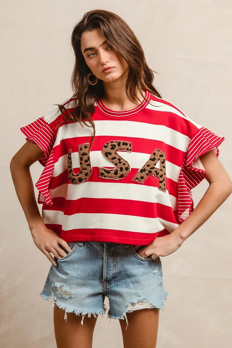 BiBi Red Stripe Mixed Ruffle Sleeve Top With Leopard Letters- USA RED