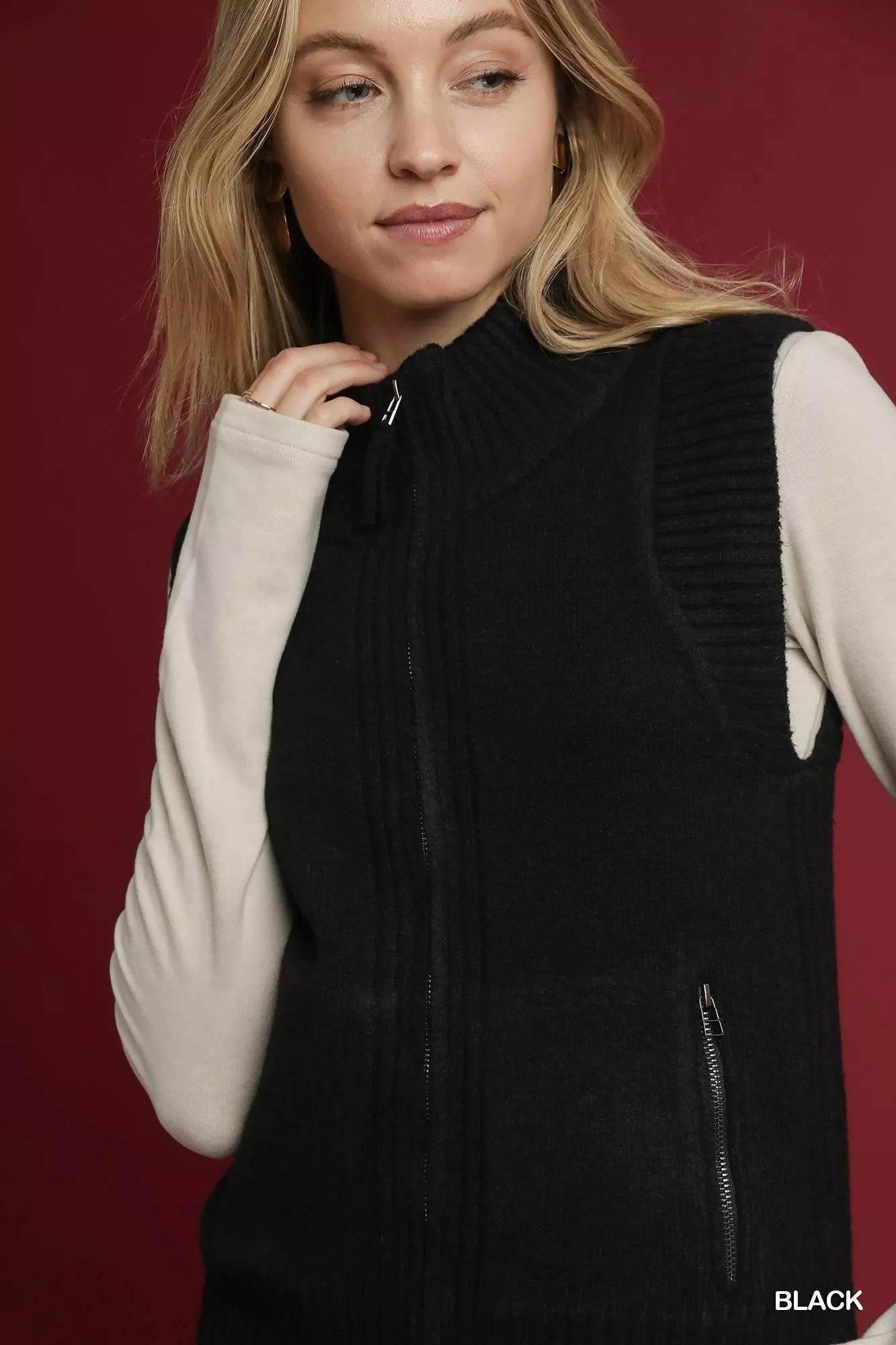 Umgee Black Zip-Up Sweater Vest with Ribbed Trim