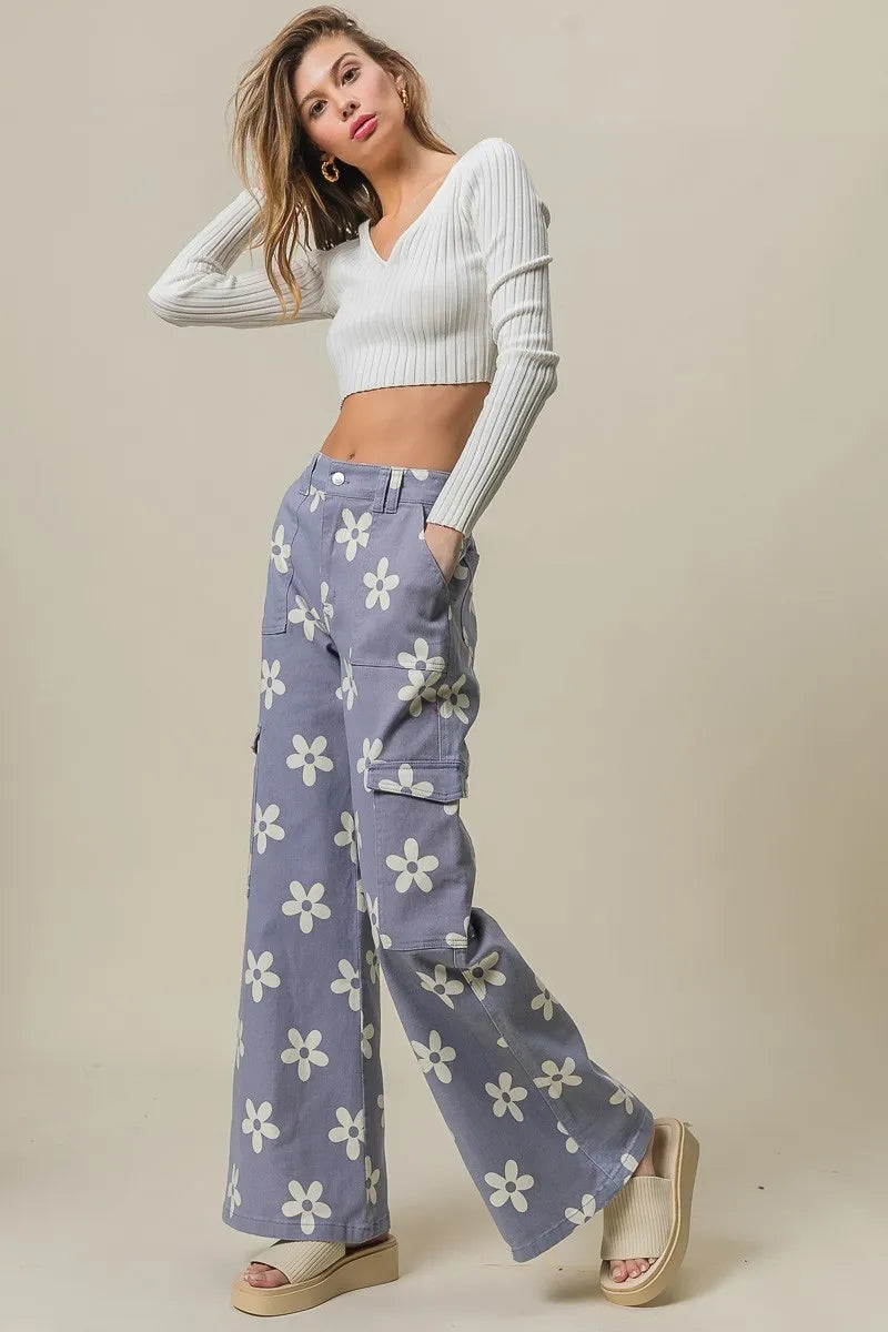 BiBi Dusty Lavender Flower Printed Side Pocket Wide Pants