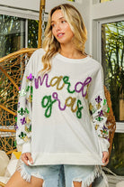 BiBi Off White Fleur De Lis Sleeve Mardi Gras Pullover