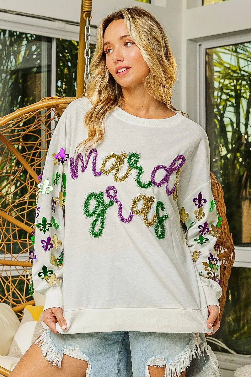 BiBi Off White Fleur De Lis Sleeve Mardi Gras Pullover