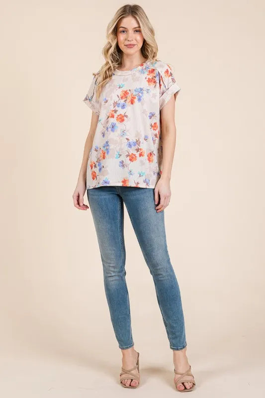 BOMBOM Floral Round Neck RIbbed T-Shirt