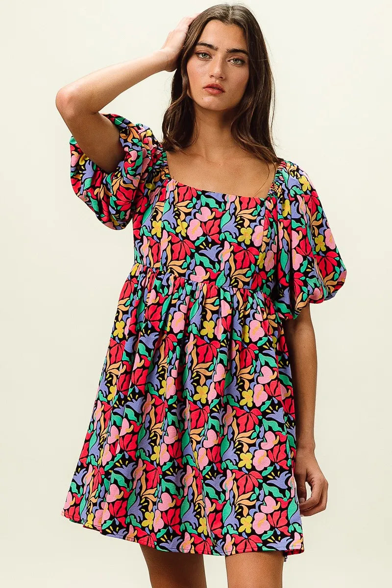 BiBi Black Multi Floral Print Puff Sleeves Square Neck Dress