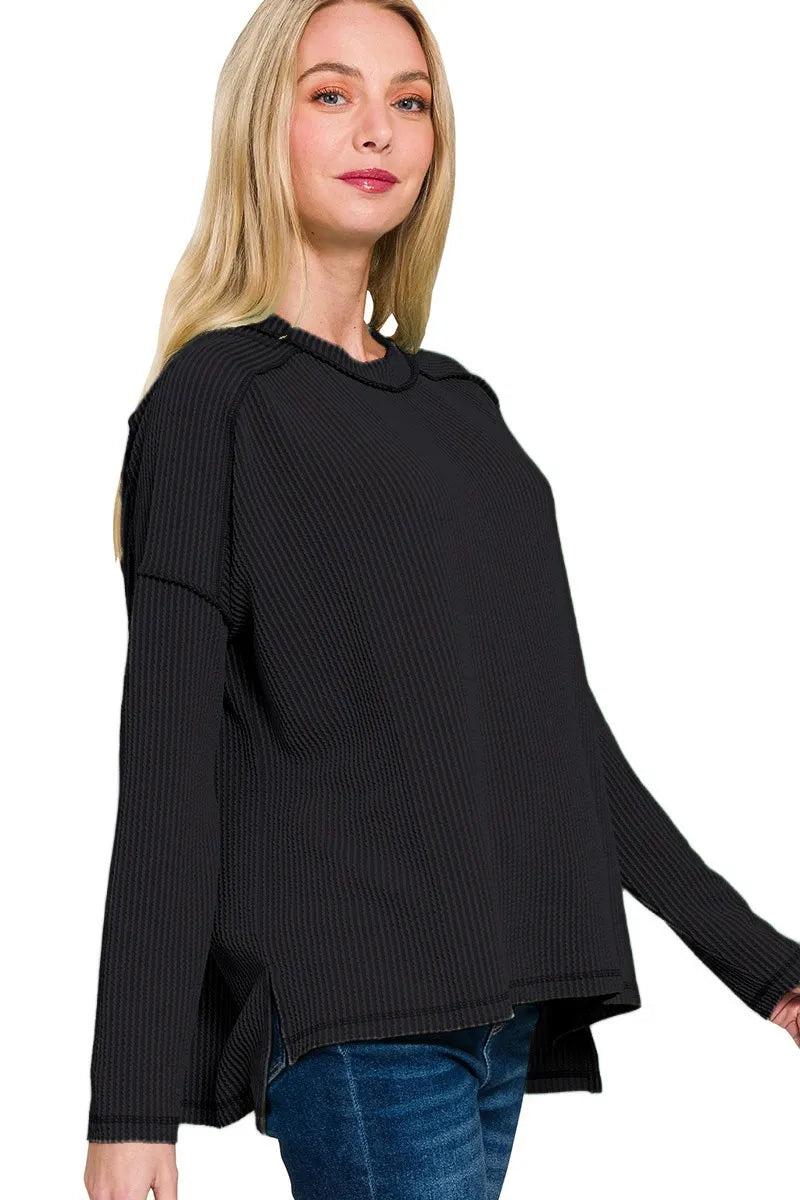 Zenana Black Exposed Seam Long Sleeve Corded Rib Knit Top