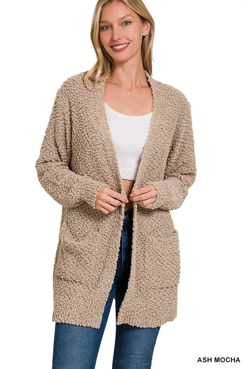 Zenana Ash Mocha Long Sleeve Popcorn Sweater Cardigan with Pockets ASH MOCHA