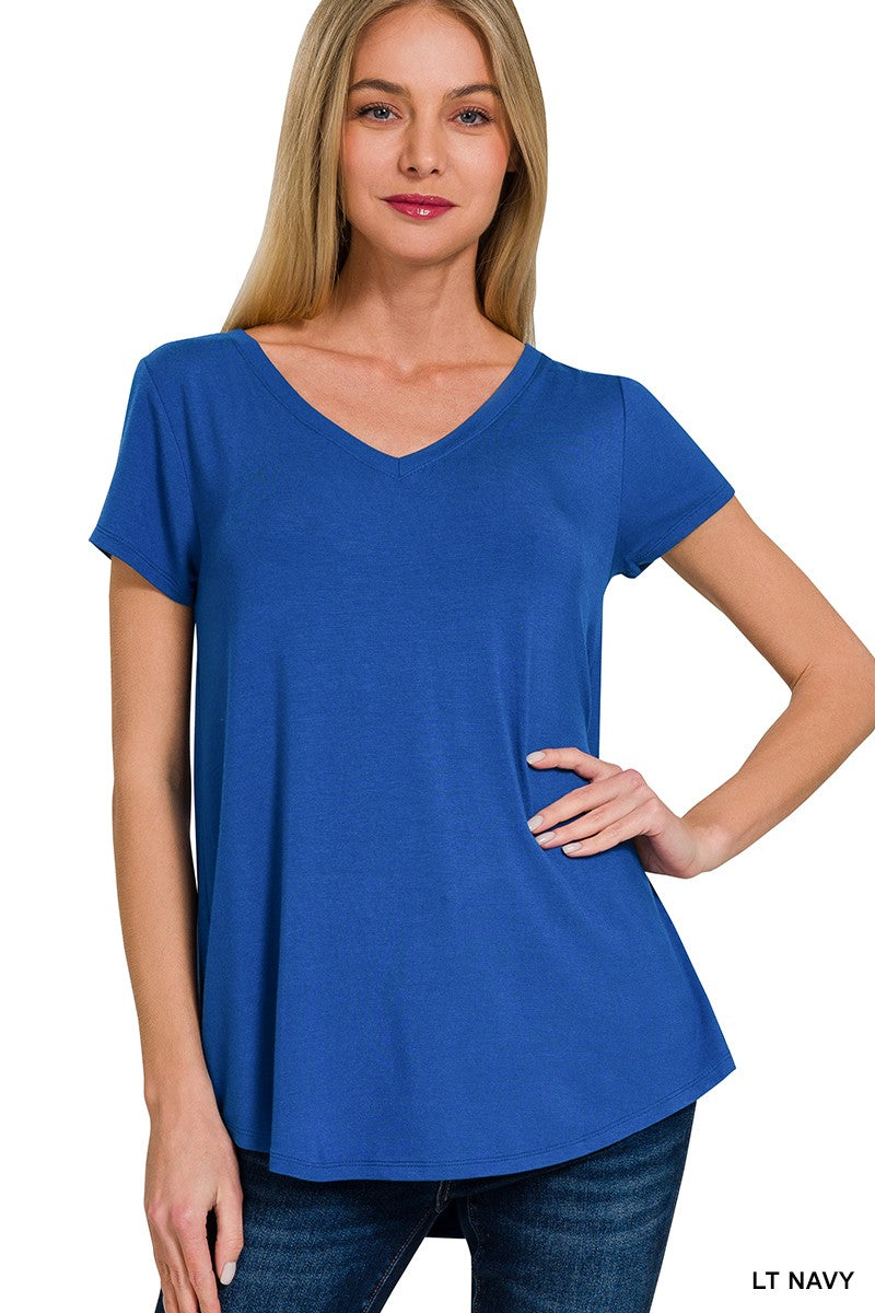 Zenana Light Navy Rayon Short Sleeve V-neck Round Hem Top LT NAVY