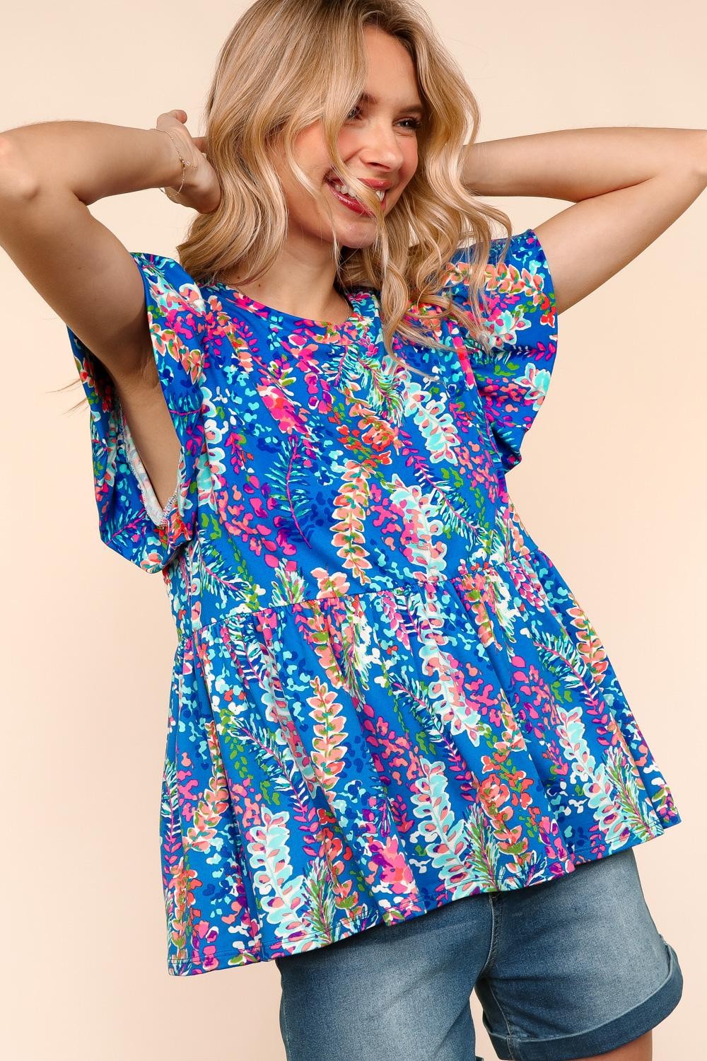 Haptics Blue Floral Babydoll Butter Smooth Knit Top