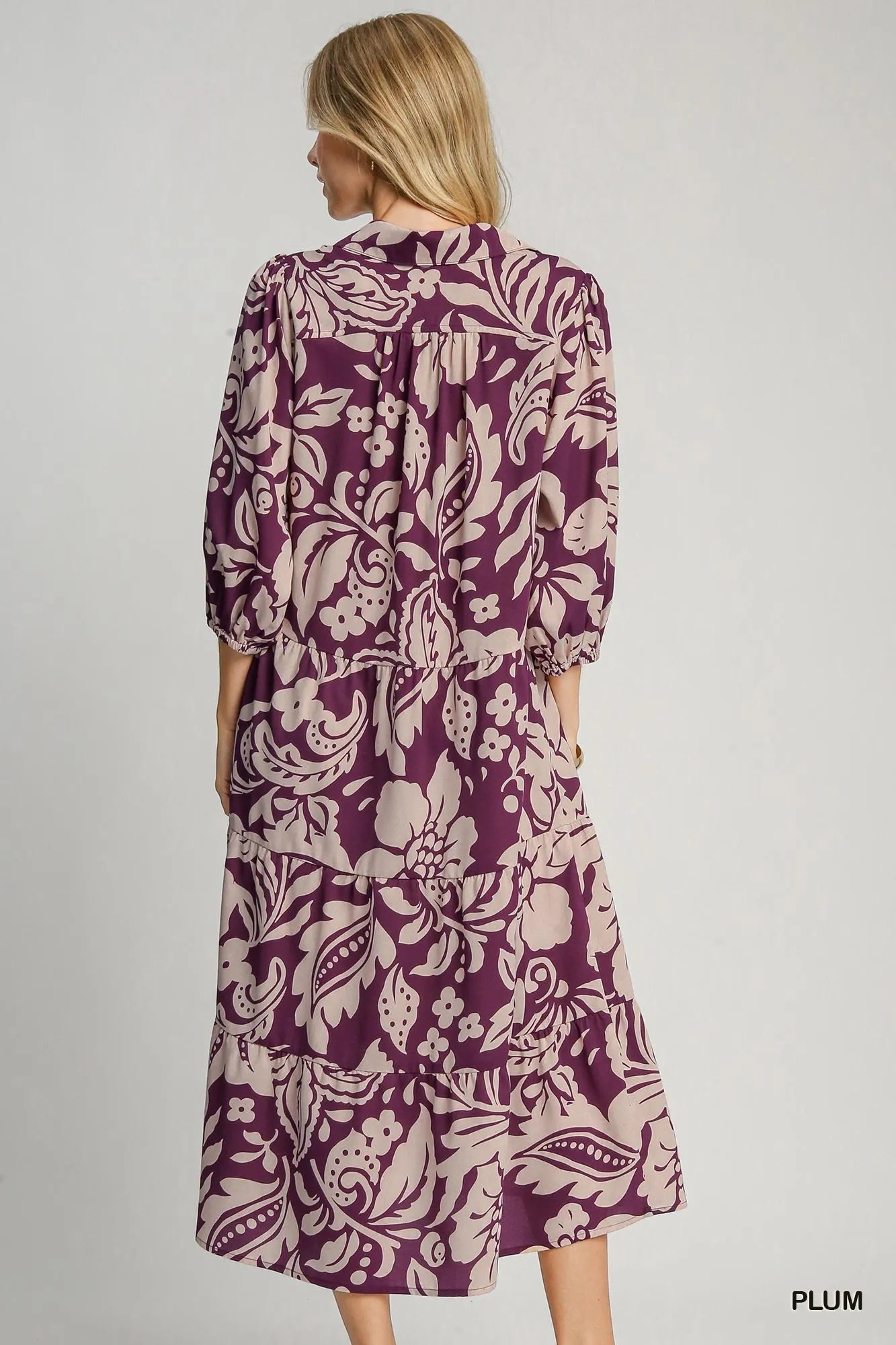 Umgee Plum Floral Print Tiered Midi Dress