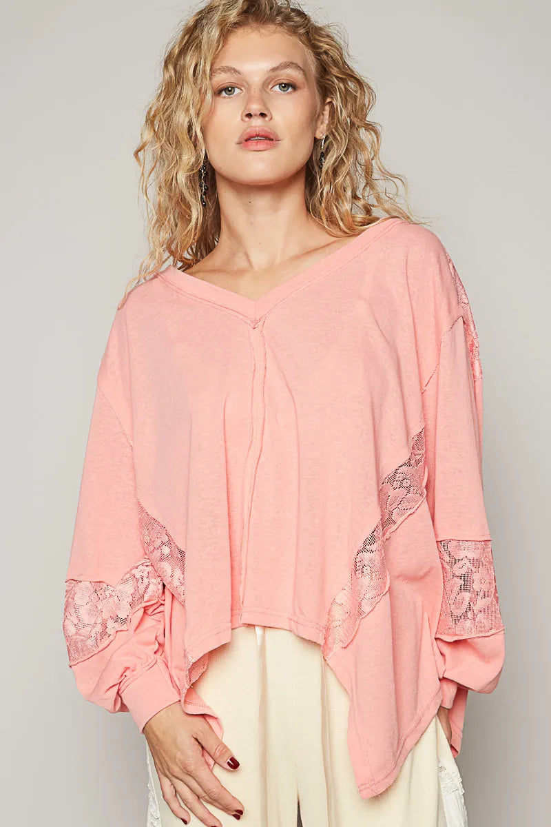 POL V-Neck Long Sleeve T-Shirt with Lace Detail