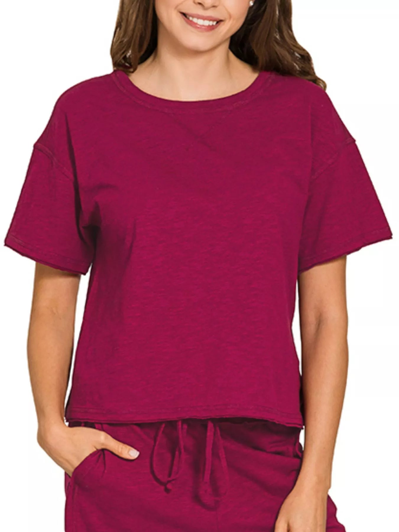 Zenana Cabernet Cotton Slub Short Sleeve Tee and Pants Set