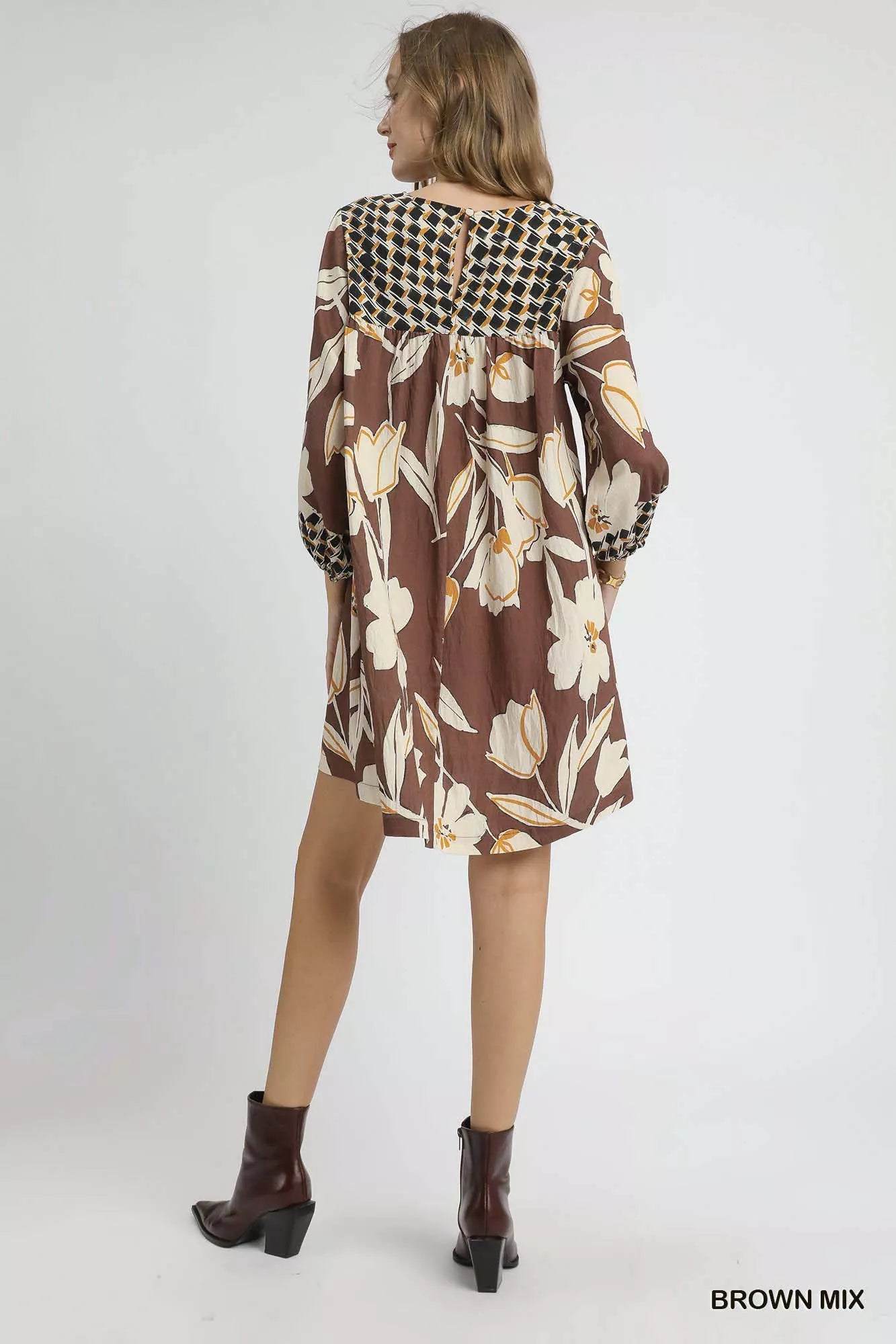 Umgee Brown Mix Floral High-Low Babydoll Dress