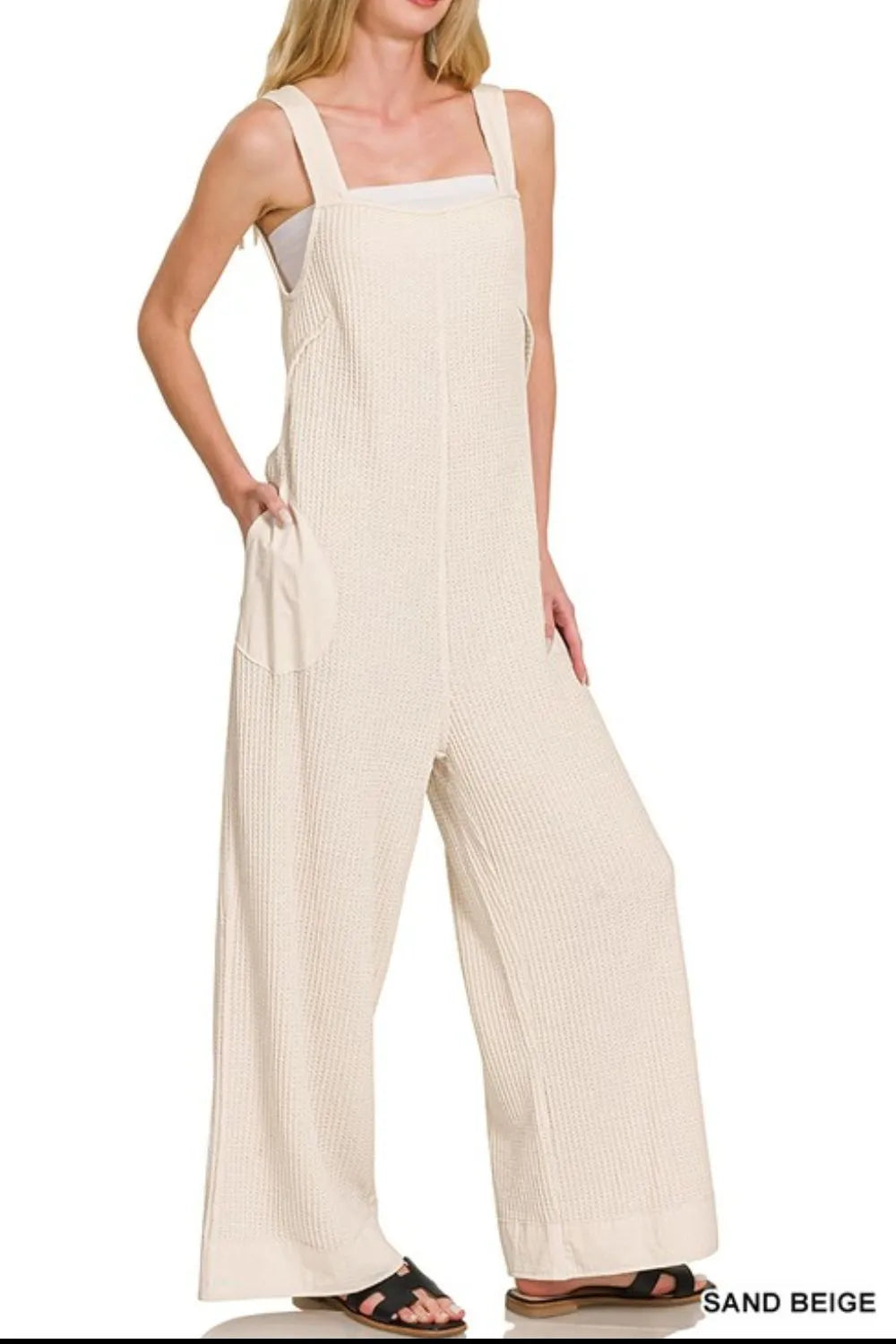 Zenana Sand Beige Knit Waffle Wide Leg Overalls