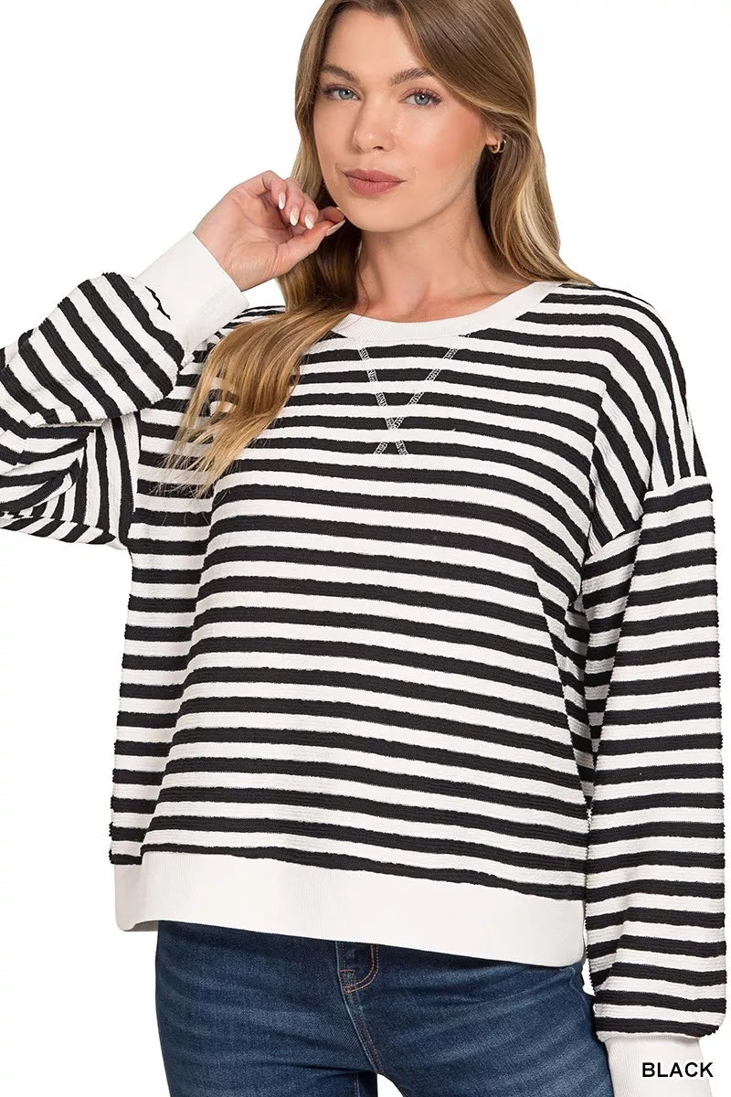 Zenana Striped Round Neck Sweatshirt BLACK