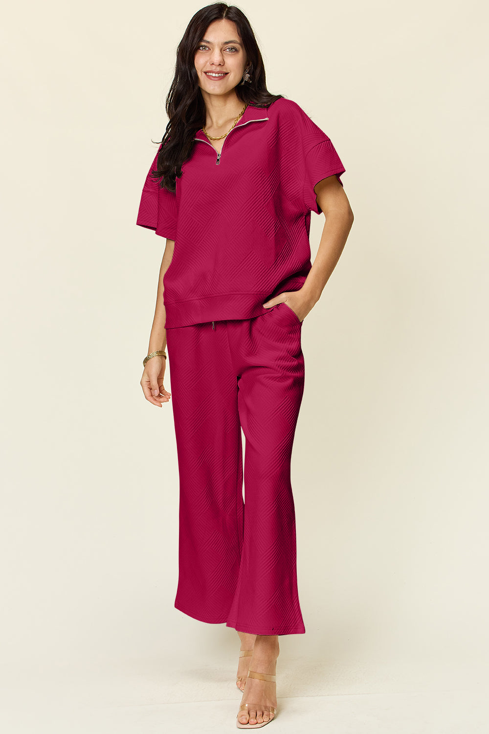 Double Take Quilted Textured Half Zip Short Sleeve Top and Pants Set Sets