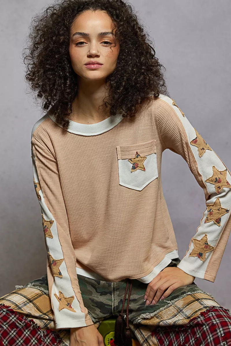 POL Nude Beige Round Neck Long Sleever T-Shirt with Star Patches