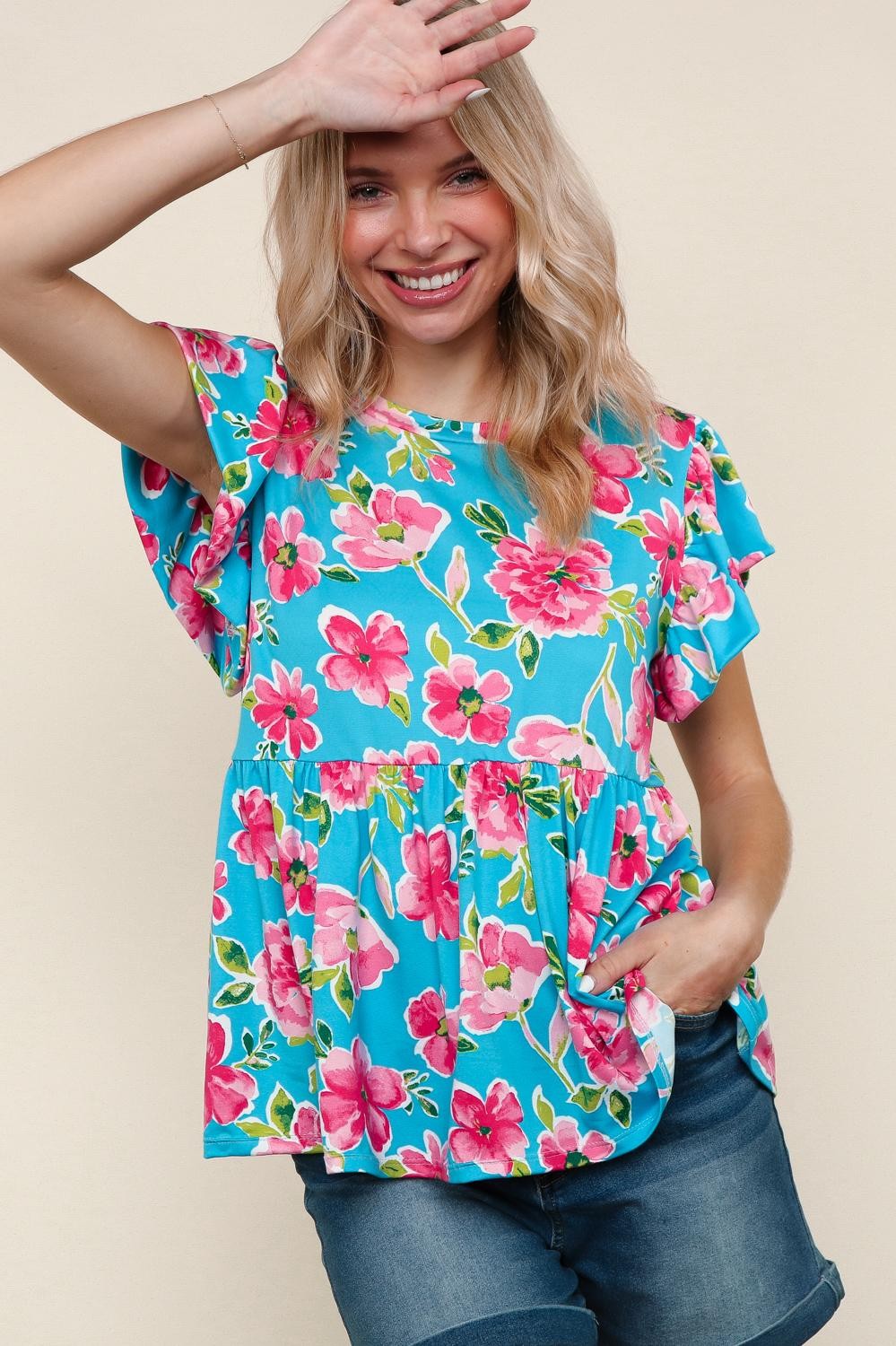 Haptics Aqua Floral Butter Smooth Knit Top with Ruffle Sleeves