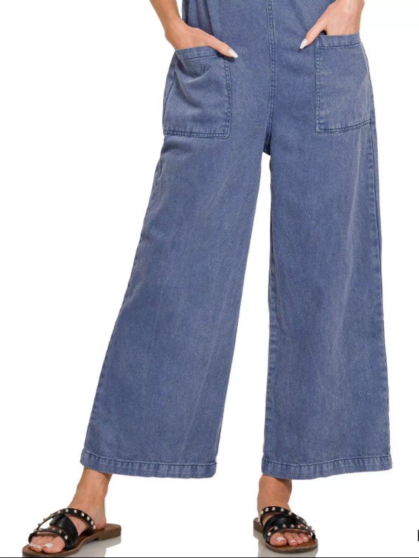 Zenana Blackberry Washed Knot Strap Wide Leg Cropped Jumpsuit