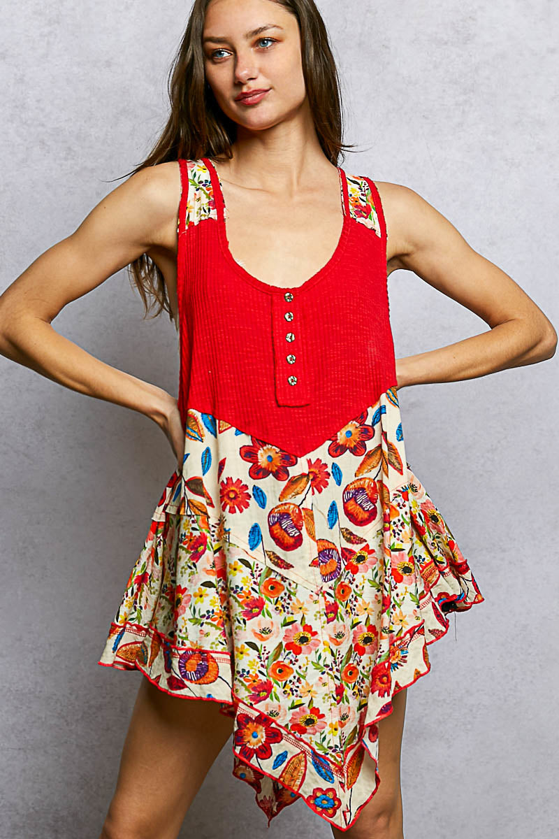 POL Ruby Round Neck Ribbed Tank with Woven Print Patch RUBY