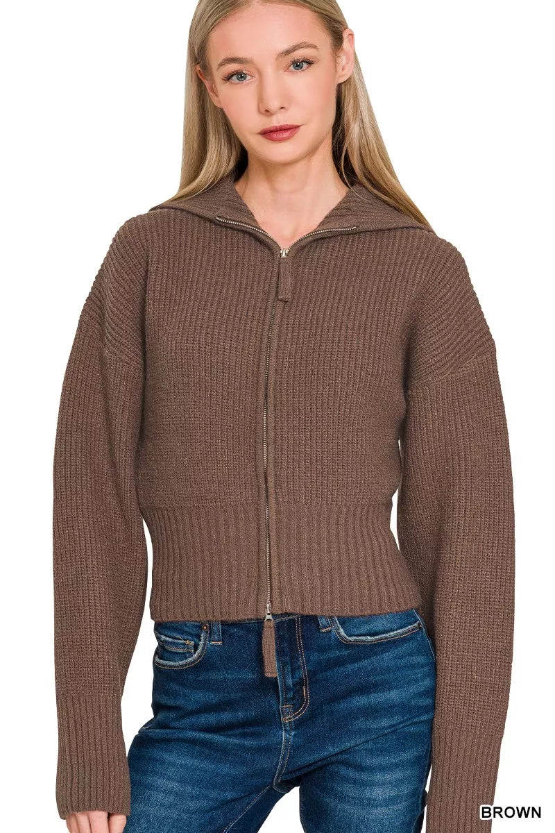 Zenana Brown Ribbed Collared Zip Up Sweater Cardigan BROWN