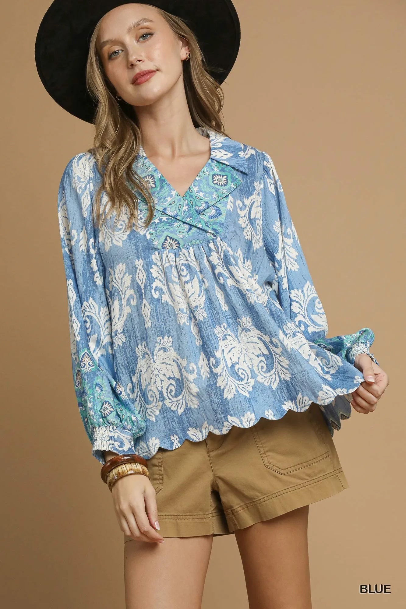 Umgee Floral Boho Blouse with Scalloped Hem Blue