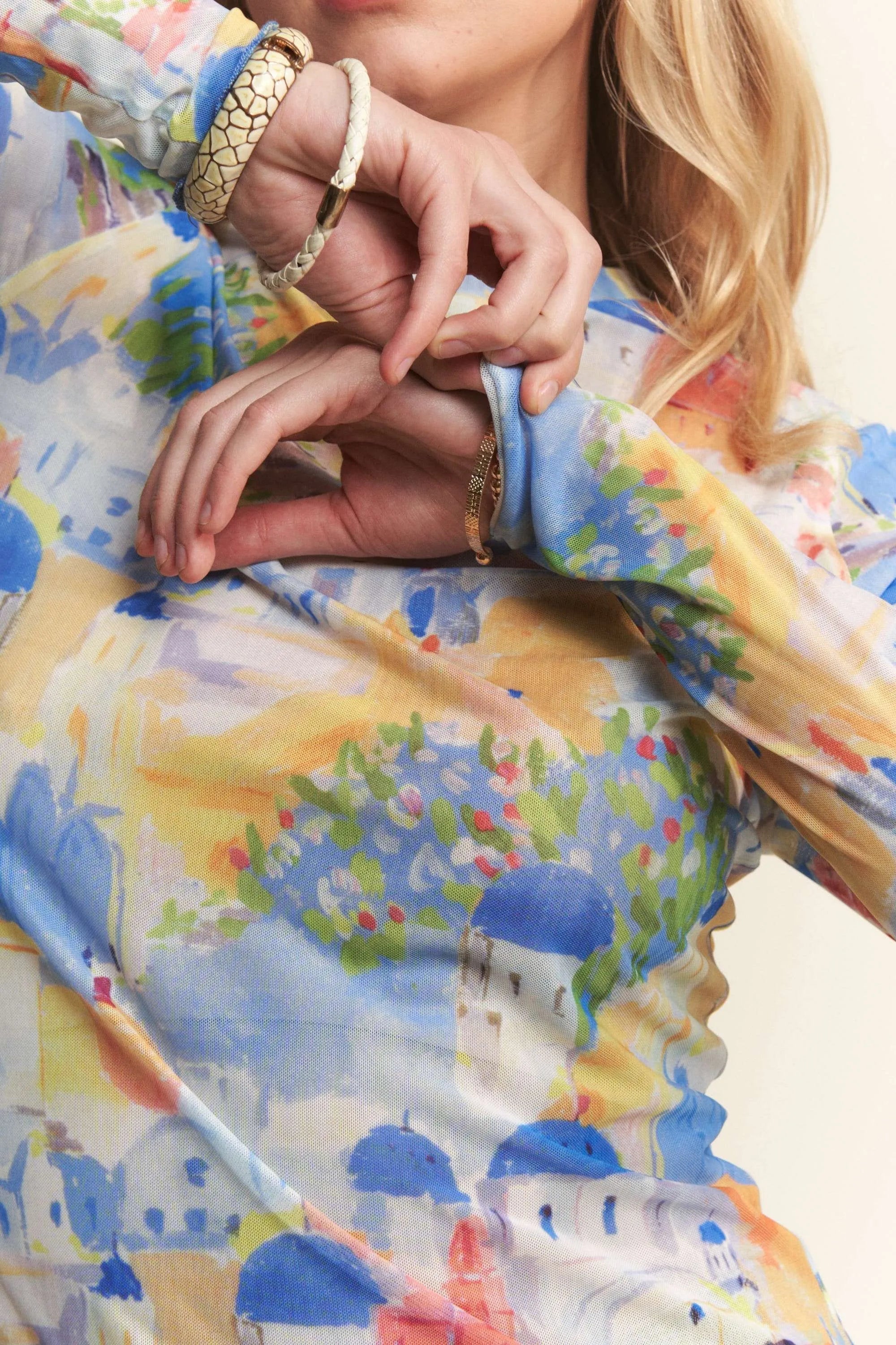 Davi & Dani Cobalt Multi Printed Mesh Round Neck Long Sleeve Top