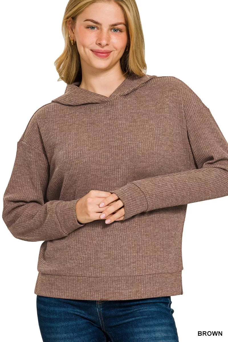 Zenana Brown Ribbed Long Sleeve Hoodie