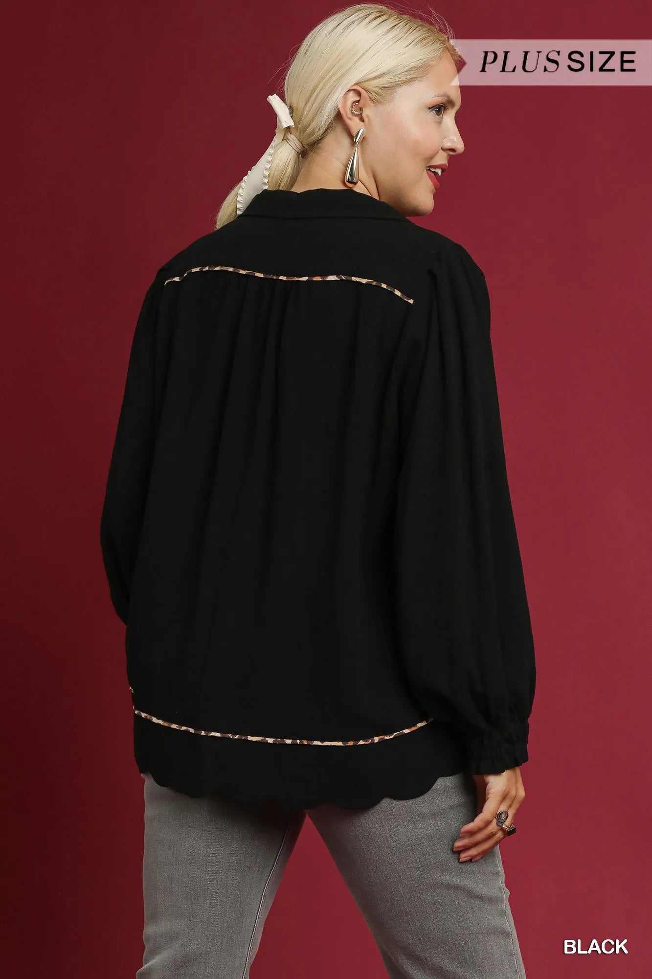 Umgee Black Linen Scallop Hem Blouse with Contrast Trim