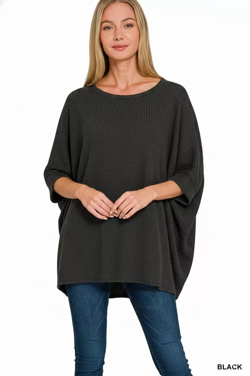 Zenana Black Raised Rib Bat Sleeve Top