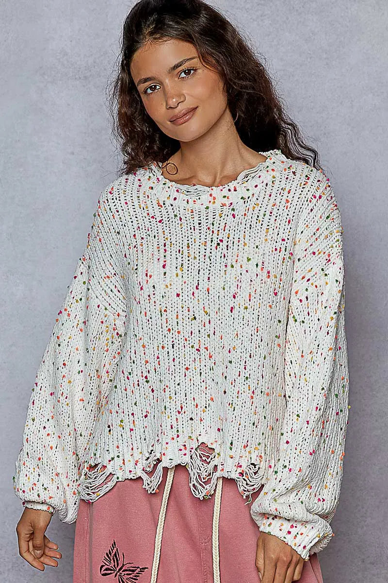 POL White Pink Round Neck Fringed Hem Sweater