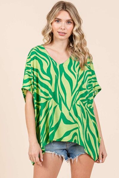 Mittoshop Green Zebra Print V-Neck Short Sleeve Oversized Top