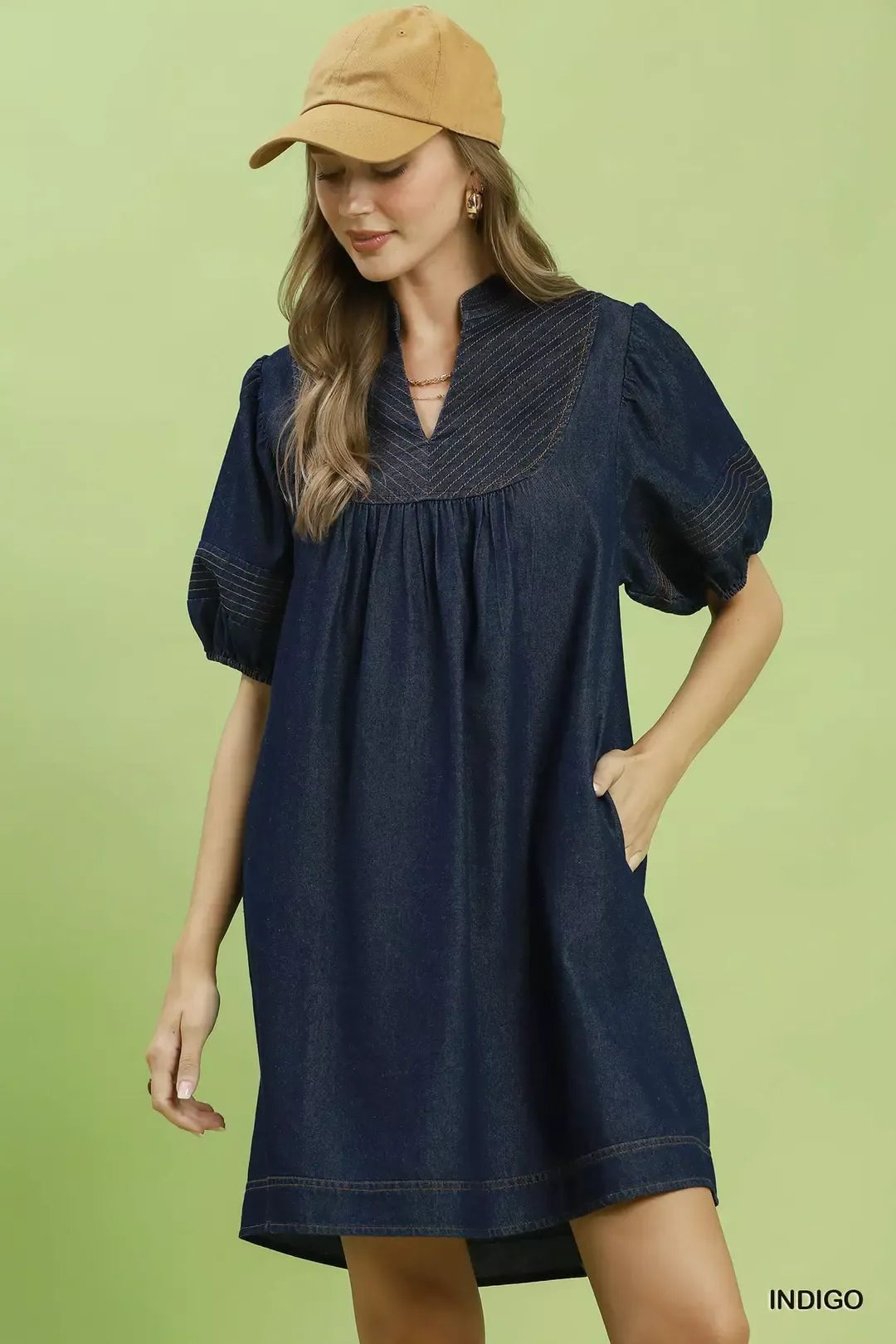 Umgee Indigo Notched Puff Sleeve Mini Dress with Pockets INDIGO