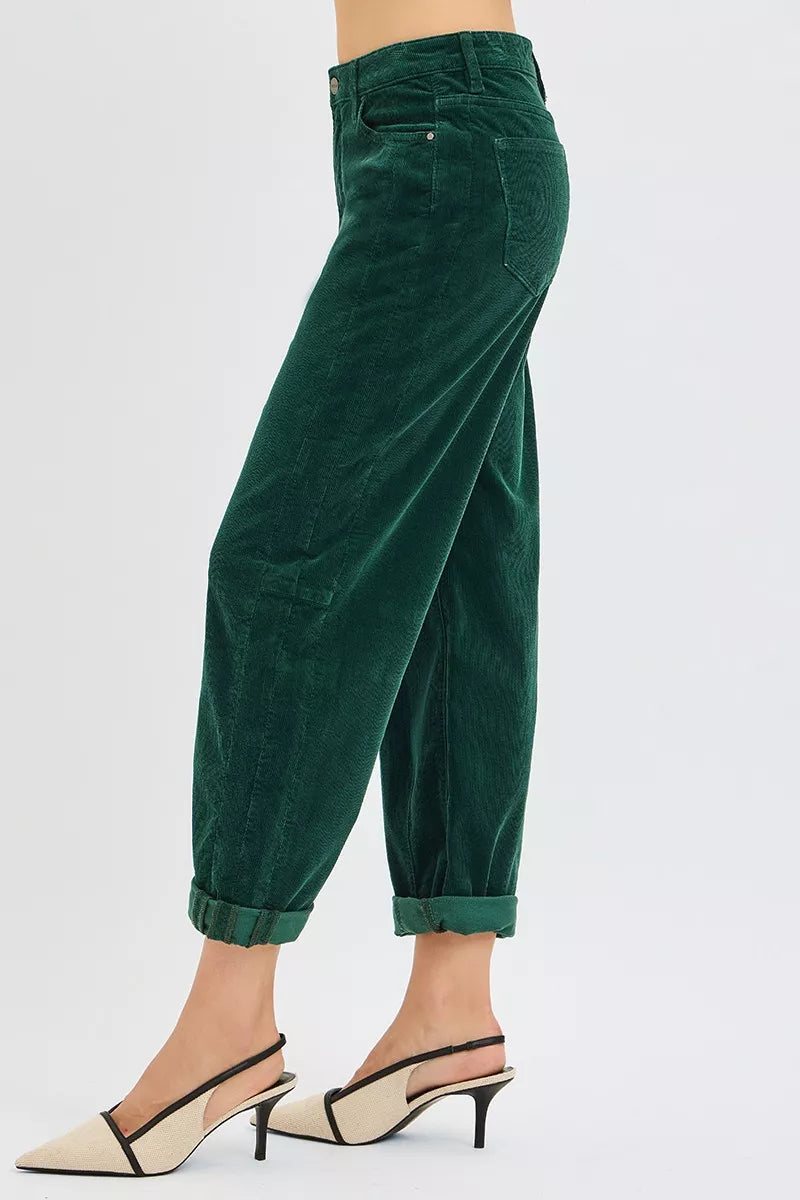 RISEN Hunter Green High Rise Crop Barrel Cordurory Pants