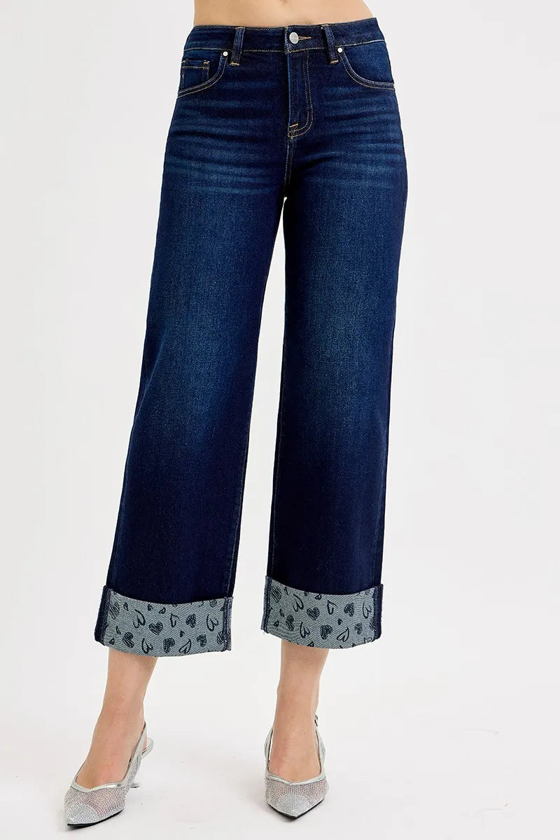 RISEN Mid Rise Fit Crop Wide With Heart Printed Cuff Jeans DARK