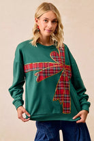 BiBi Plaid Ribbon Bow Detail Christmas Fleece Pullover – Green/Red Plaid