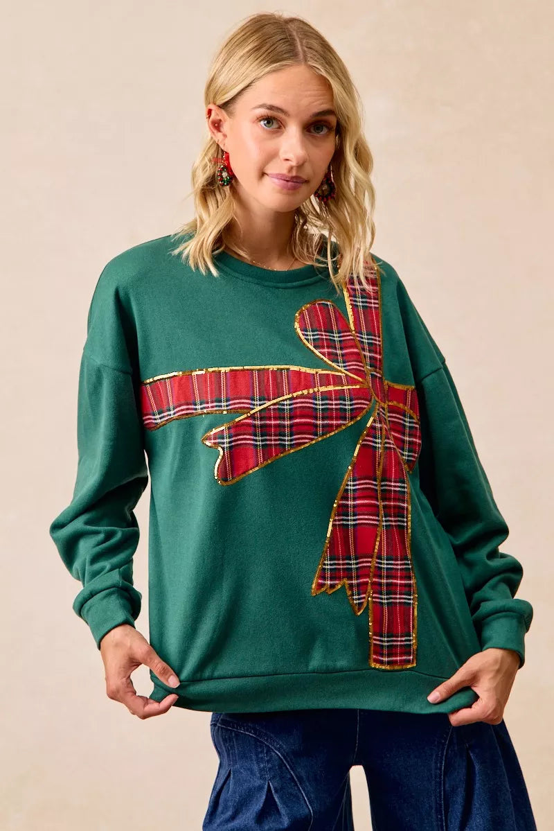 BiBi Plaid Ribbon Bow Detail Christmas Fleece Pullover – Green/Red Plaid