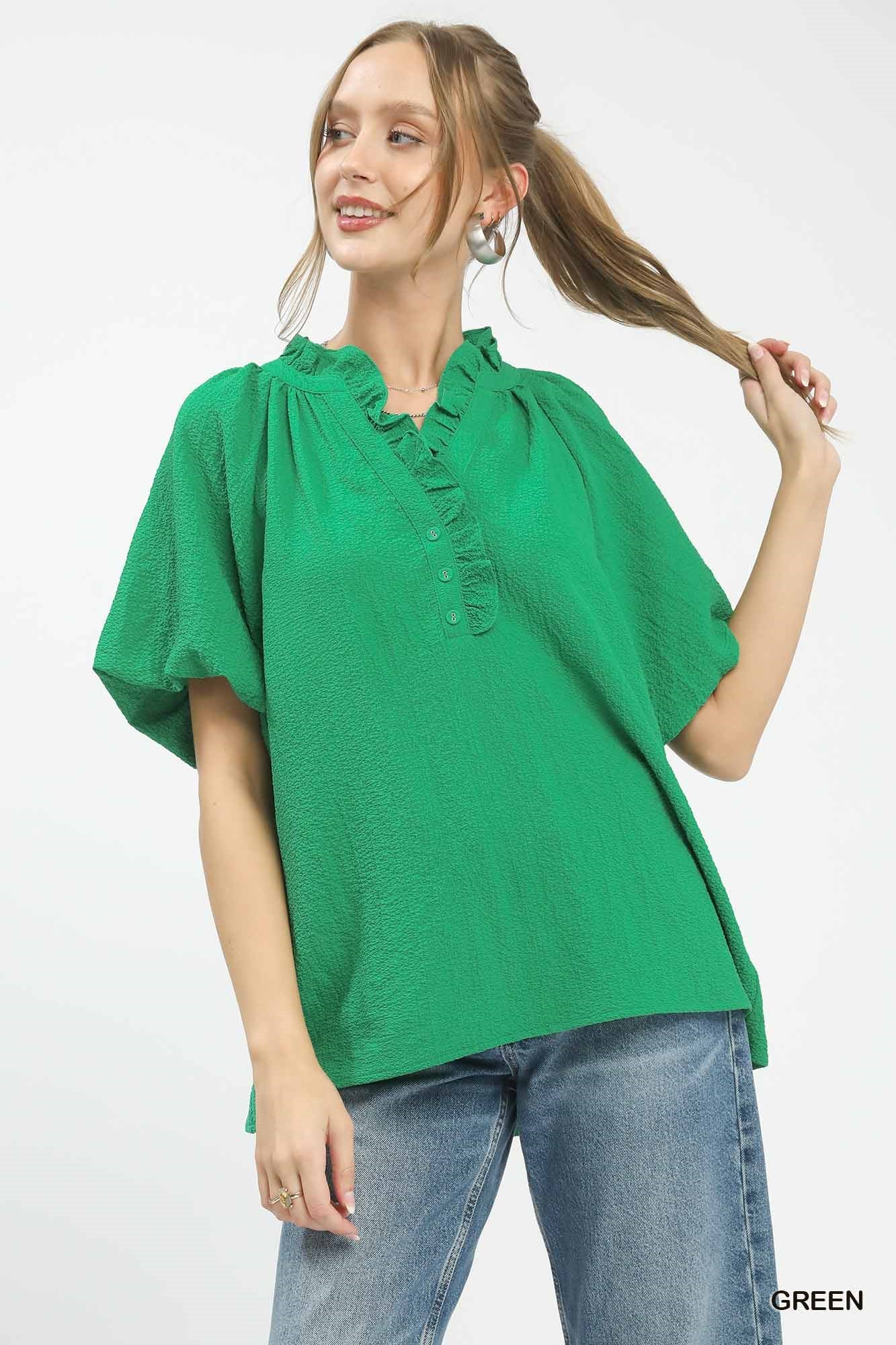 Umgee Green Puff Sleeve Ruffle Neck Tunic Blouse GREEN