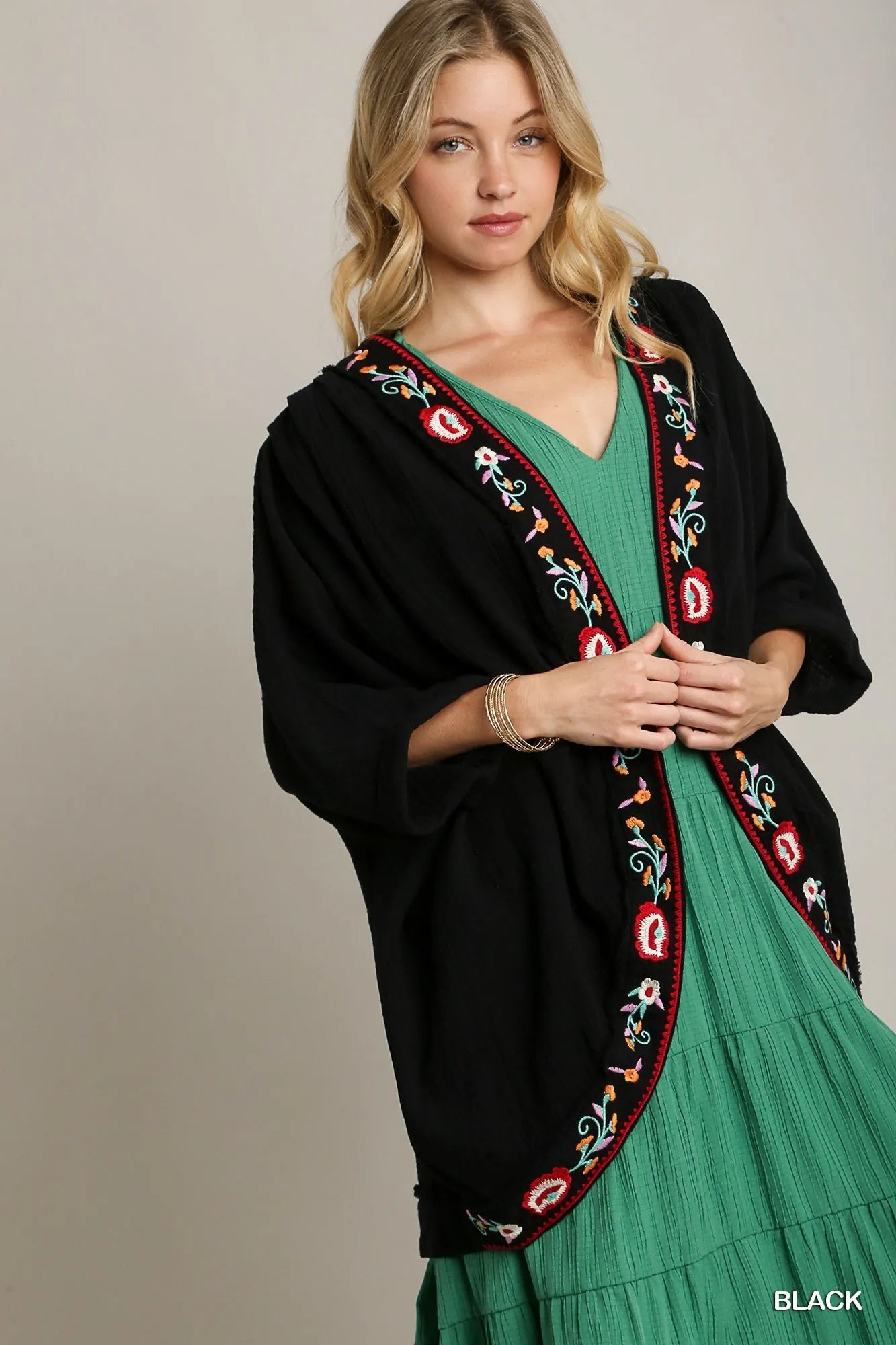 Umgee Black Embroidery Open Front Kimono with Pleated Shoulder Detail