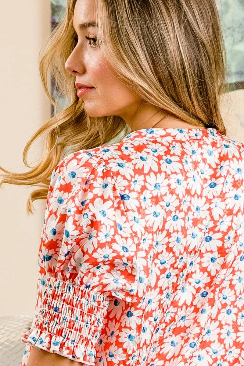 BiBi Floral Jacquard Smoked Puff Sleeves V Neck Top