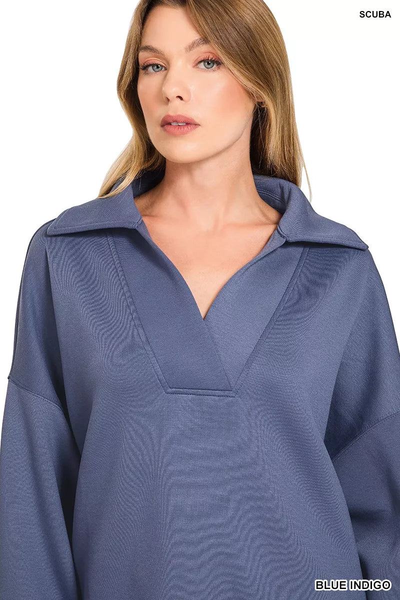 Zenana Blue Indigo Scuba Collared Pullover and Pants Set