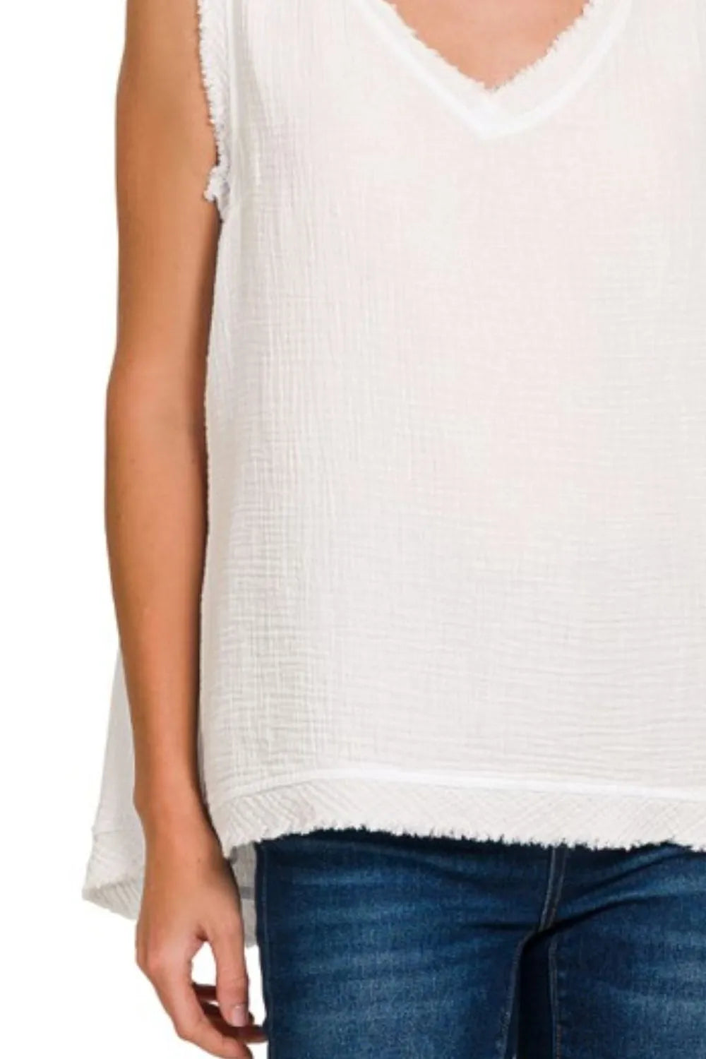 Zenana White Double Gauze Raw Edge V-Neck Tank