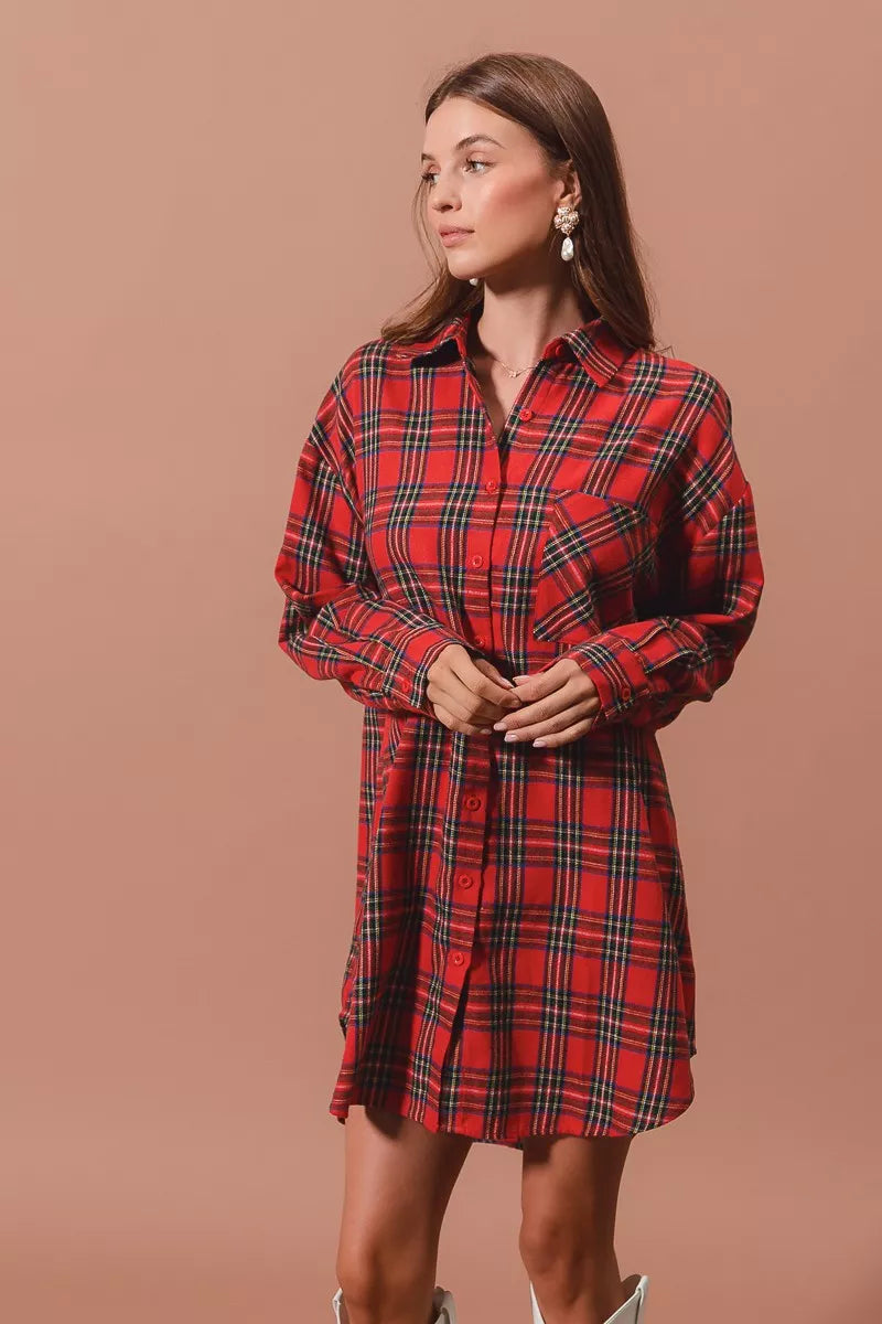 SO ME Christmas Checker Plaid Button Up Shirt Dress – Red Multi