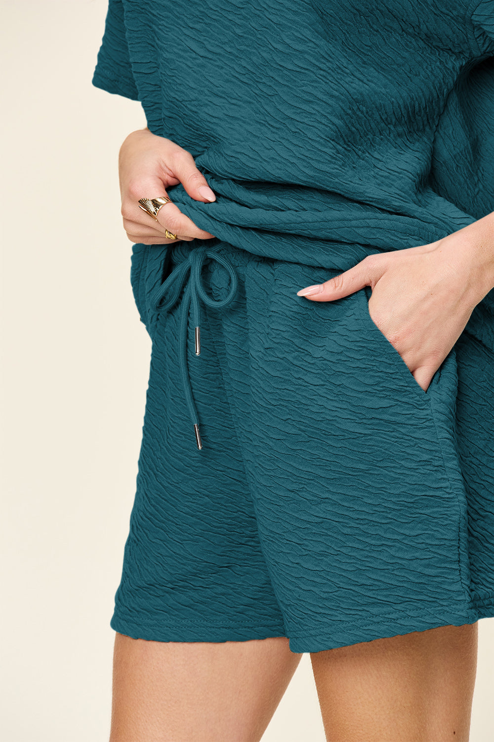 Double Take Wavy Textured Short Sleeve T-Shirt and Drawstring Shorts Set Sets