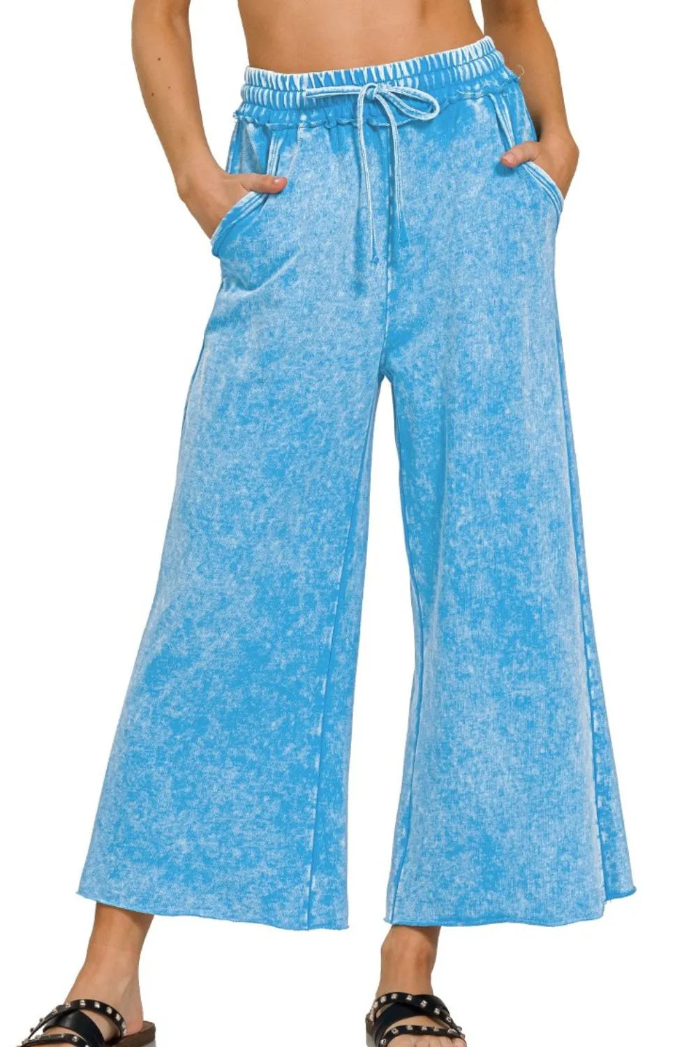 Zenana Deep Sky Washed French Terry Palazzo With Pockets DEEP SKY