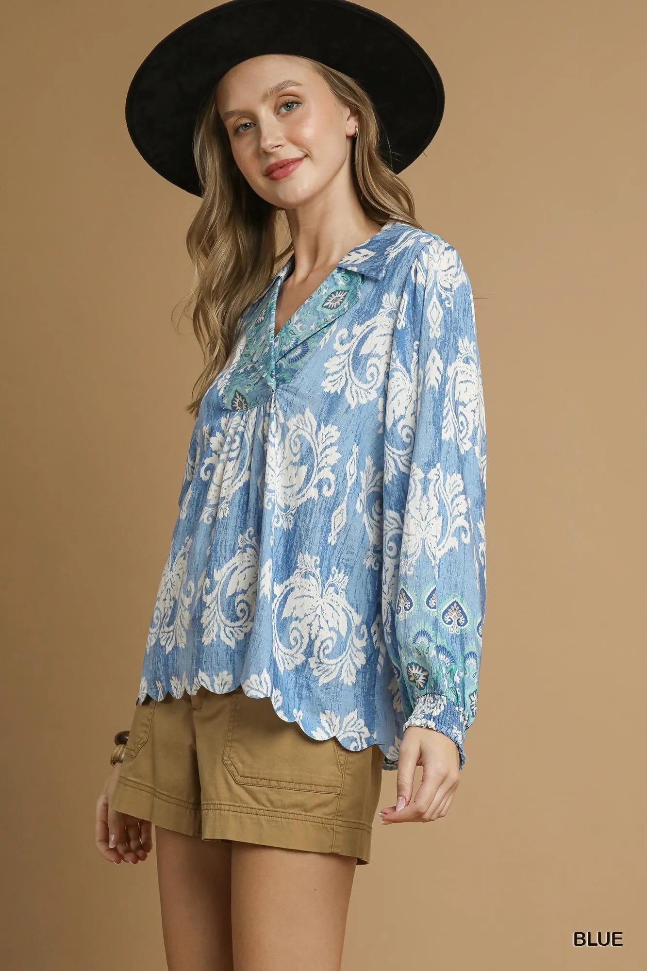 Umgee Floral Boho Blouse with Scalloped Hem